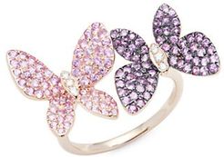 Black Rhodium-Plated 14K Rose Gold, Pink Sapphire & Diamond Double Butterfly Ring