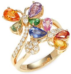 14K Yellow Gold, Multicolored Sapphire & Diamond Butterfly Ring