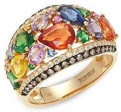 14K Yellow Gold, Multicolored Sapphire, White & Brown Diamond Ring