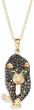 14K Yellow Gold, Emerald & Black & White Diamond Monkey Pendant Necklace