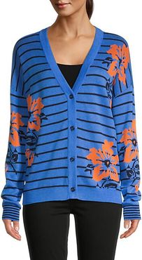Striped Floral Double-Knit Cardigan Sweater