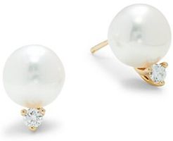 18K Yellow Gold, 9 x 9.5MM Japanese Akoya Pearl & Diamond Stud Earrings