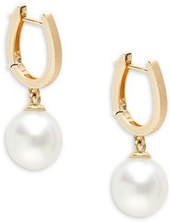 14K Yellow Gold & 10MM-11MM White Round Pearl Drop Earrings