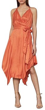 Dot-Print Faux Wrap Satin Dress