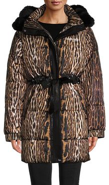 Leopard Faux Fur-Trim Puffer Coat