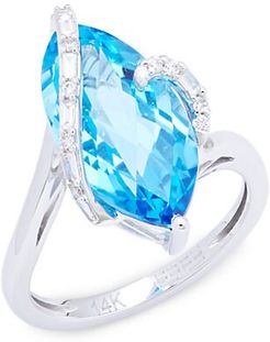 14K White Gold, Blue Topaz & Diamond Ring