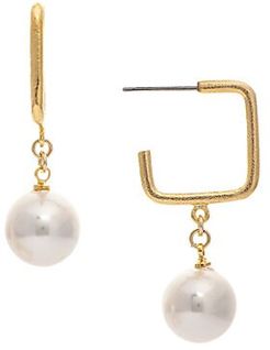 Goldplated Square Hoop & 12MM Shell Pearl Drop Earrings