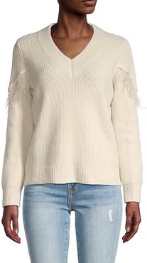 V-Neck Fringe-Trim Ribbed Sweater