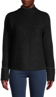 Mockneck Faux Pearl-Trim Knitted Sweater