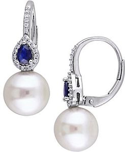 14K White Gold, Sapphire, 9.5-10MM White Cultured Pearl & Diamond Earrings