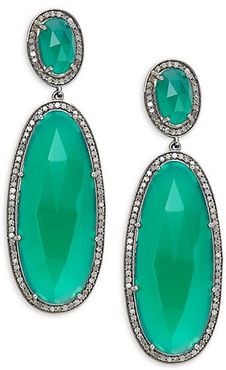 Rhodium-Plated Sterling Silver, Green Onyx & Diamond Drop Earrings