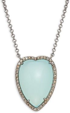 Rhodium-Plated Sterling Silver, Aqua Chalcedony & Diamond Heart Pendant Necklace