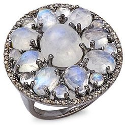 Rhodium-Plated Sterling Silver, Moonstone & Diamond Oval Ring