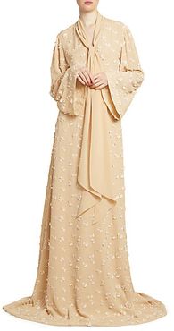 Floral Appliqu&eacute; Flutter-Sleeve Silk Gown