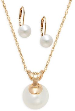 14K Yellow Gold & 7MM Freshwater Pearl Necklace & Earrings Set