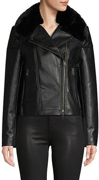 Faux Fur-Trim Faux Leather Jacket