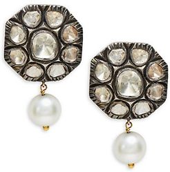 14K Yellow Gold, Rhodium-Plated Sterling Silver, Round Freshwater Pearl 10MM & Diamond Earrings
