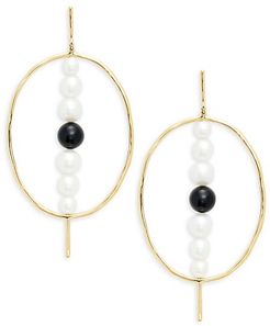 18K Yellow Gold, Onyx & 5-8MM White Round Cultured Freshwater Pearl Drop Earrings