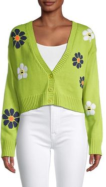 Button-Front Flower Cardigan