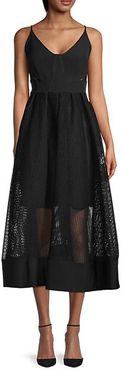 Mesh-Overlay Midi Dress