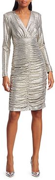 Ruched Long-Sleeve Metallic Sheath Dress