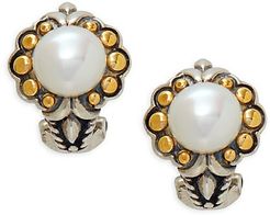 18K Yellow Gold, Sterling Silver & White Round Freshwater Pearl Stud Earrings