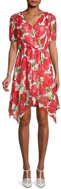 Floral-Print Pleated Faux-Wrap Dress