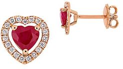 14K Rose Gold, Ruby & Diamond Heart Stud Earrings