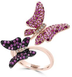 14K Rose Gold Diamonds Sapphires and Rubies Butterflies Ring