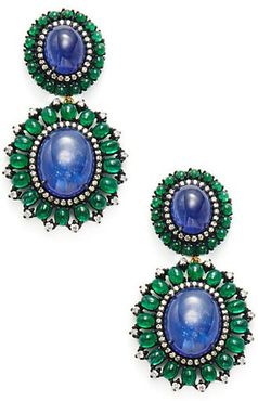 Sterling Silver, 14K Yellow Gold, Tanzanite, Emerald & Diamond Earrings