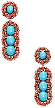 Sterling Silver, 14K Yellow Gold, Turquoise, Red Coral & Diamond Earrings