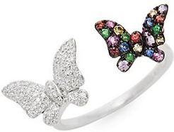 14K White Gold Diamond & Multi-Tone Sapphire Butterfly Cuff Ring