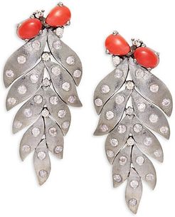 Sterling Silver, Red Coral & Diamond Earrings