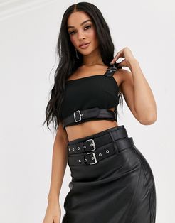 4th + Reckless buckle detail crop top with PU straps in black