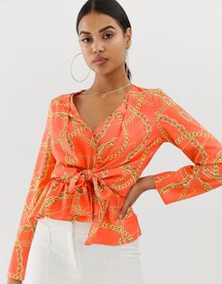 4th + Reckless chain print wrap knot front top in orange-Multi