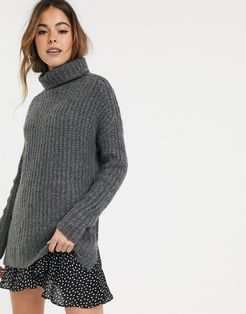 longline cozy high neck sweater-Grey