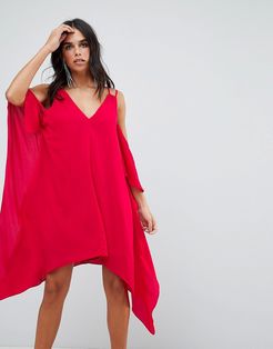 Fiona Cold Shoulder Asymmetric Shift Dress-Red