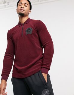 long sleeve polo shirt with collegiate crest in burgundy terry towel fabric-Red