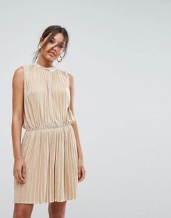 Sleeveless Velvet Pleated Dress-Gold