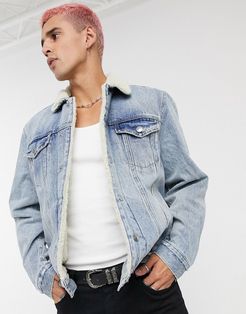 Ilkley borg lined denim jacket in washed Indigo-Blue