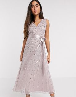 Bridesmaid embellished midi dress with wrap detail in blush-Pink