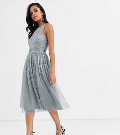bridesmaid midi dress with scattered embellishment in dark gray