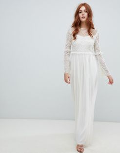 embellished long sleeve dress in ivory-White