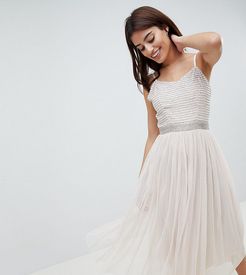 Midi Cami Strap Dress with Tulle Skirt and Embellished Upper-Brown