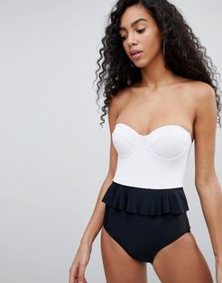 Frill Waist Strapless Cupped Swimsuit-White