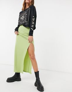 maxi body-conscious skirt in rib with thigh split-Green