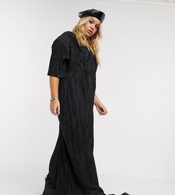 wide leg plisse jumpsuit with deep plunge-Black