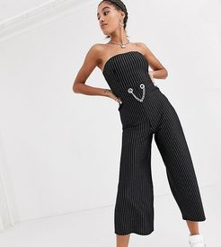 strapless fitted jumpsuit in pinstripe with chain waist-Black