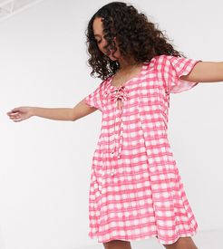 tie front smock dress in pink check