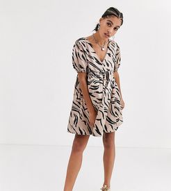 v neck smock dress in abstract zebra satin-Multi